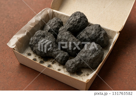 Charred chicken drumsticks arranged in an open cardboard food box on a rustic surface, resembling burnt fast food meal, AI Generative Charred chicken drumsticks arranged in an open cardboard food box on a rustic surface, resembling burnt fast food meal, AI Generative 131763582