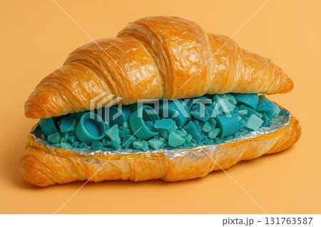 Golden croissant filled with blue plastic bottle caps and turquoise stones on orange background, highlighting environmental pollution, AI Generative Golden croissant filled with blue plastic bottle caps and turquoise stones on orange background, highlighting environmental pollution, AI Generative 131763587