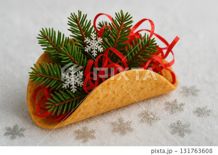 Festive holiday taco with fir branches, red ribbon, and snowflake decorations on winter background for seasonal celebration, AI Generative 131763608