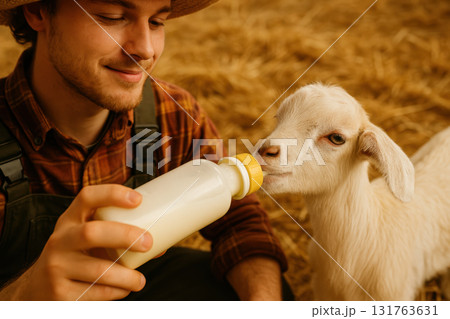 Young farmer in overalls feeding a curious white baby goat with a bottle in a rural barn environment during daylight, AI Generative Young farmer in overalls feeding a curious white baby goat with a bottle in a rural barn environment during daylight, AI Generative 131763631