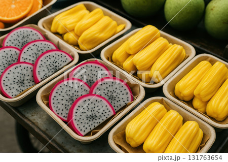 Freshly sliced dragon fruit and jackfruit arranged neatly in eco friendly containers at an outdoor tropical fruit market display, AI Generative 131763654