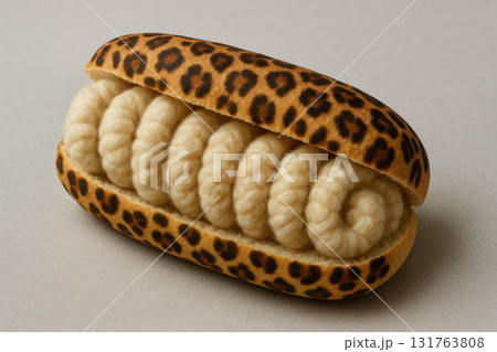 Leopard patterned sandwich bun filled with coiled wool yarn on neutral background, features unique fusion of textiles and food art, AI Generative 131763808