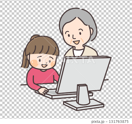 孫と一緒にパソコンで勉強するシニア女性 孫と一緒にパソコンで勉強するシニア女性 131763875