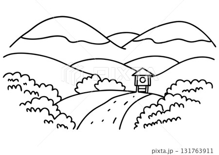 Hilly landscape with mountains, small house, winding road, and bushes nature countryside rural scenery line drawing, AI Generative 131763911