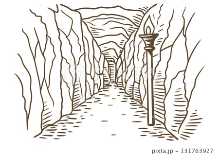 Narrow canyon pathway with ancient torch hand drawn rocky walls, scenic route, adventure journey illustration, AI Generative 131763927