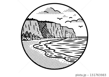 Cliff coastline with sandy beach and ocean waves minimalist seashore scene, line art drawing with birds and clouds, AI Generative 131763983