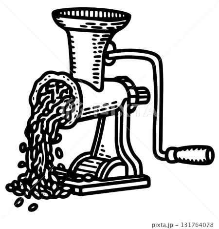 Manual meat grinder illustration with ground meat coming out, vintage hand crank kitchen appliance drawing, AI Generative 131764078
