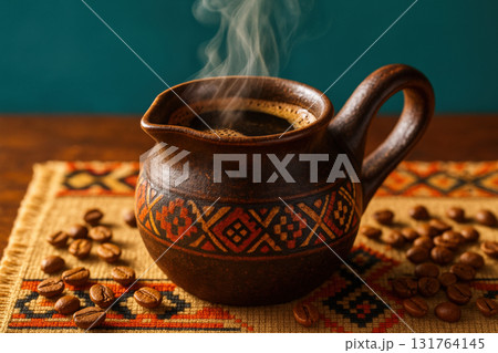 Steaming traditional ceramic coffee pot filled with fresh brewed beverage on patterned mat surrounded by roasted coffee beans, AI Generative 131764145
