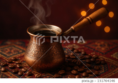 Steaming traditional copper cezve with fresh brewed coffee and roasted beans on patterned textile in warm ambient lighting, AI Generative 131764146