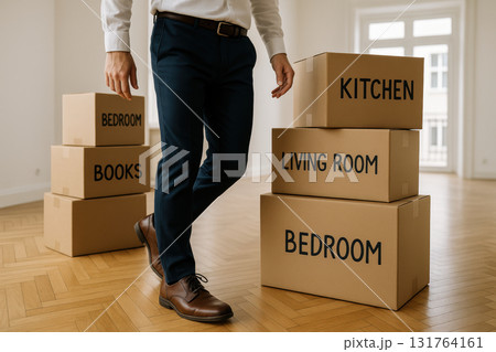 Man standing in modern apartment with packed cardboard boxes labeled for moving and organizing household rooms and belongings, AI Generative 131764161
