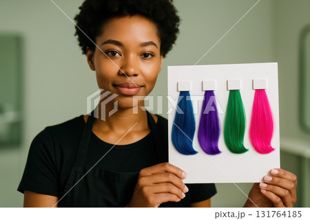 Confident hairstylist displays a sample board with blue, purple, green, and pink synthetic hair color swatches in a modern salon, AI Generative 131764185