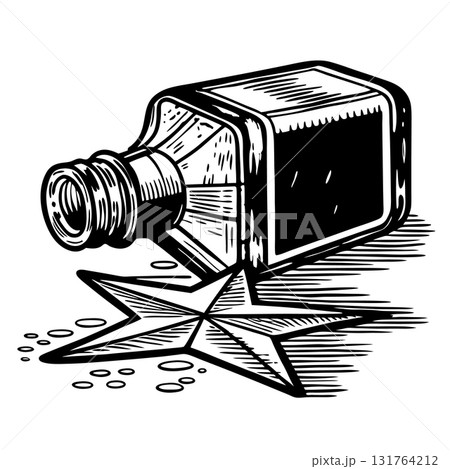 Open glass bottle spilled with liquid, star shaped puddle retro monochrome vintage sketch, hand drawn illustration, AI Generative Open glass bottle spilled with liquid, star shaped puddle retro monochrome vintage sketch, hand drawn illustration, AI Generative 131764212