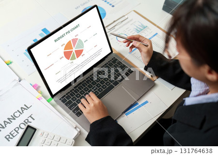 Budget Analysis. Professional presenting financial pie chart on laptop. Budget Analysis. Professional presenting financial pie chart on laptop. 131764638