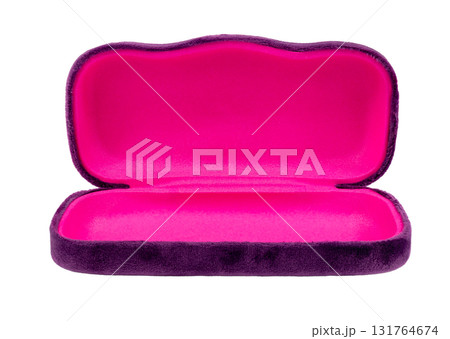 Violet velvet open case for eyeglass with pink velvet interior isolated Violet velvet open case for eyeglass with pink velvet interior isolated 131764674