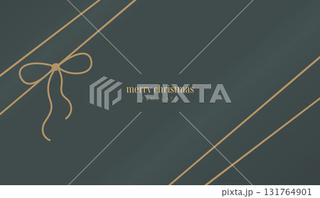 Line elegant minimalist Merry Christmas banner gift box with ribbon. Cute thin golden decorative vector card, poster with bow. 131764901
