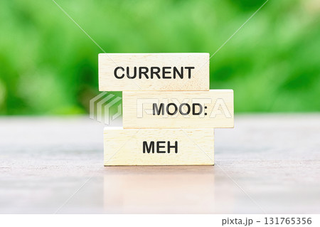 Three stacked wooden blocks display text. The first reads CURRENT, second reads MOOD, and the last reveals MEH. A blurry green background sits behind the word stack 131765356