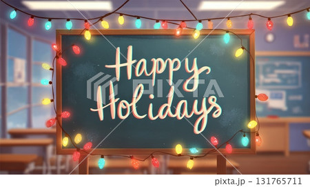 hanging happy holidays signboard with colorful flashing lights illustration 131765711