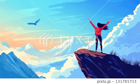 happy proud woman stand on cliff on mountain view illustration 131765713