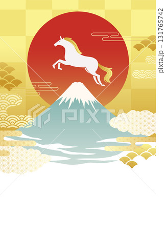 富士山と初日の出の2026年午年の年賀状テンプレート(ベクターイラスト) 131765742