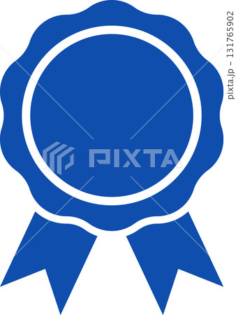 Blue ribbon and banner. Check mark tick verification icon symbol. Set of premium quality and guarantee labels. Vector illustration isolated on white background.  131765902