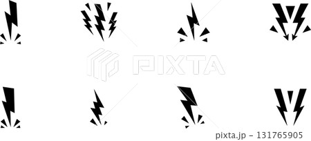 Lightning Icon Symbol . Thunderbolt shock icon collection . Yellow lightning burst, shouting. Energetic electric flashes for power, speed, danger or action effects. Isolated vector icons set. 131765905