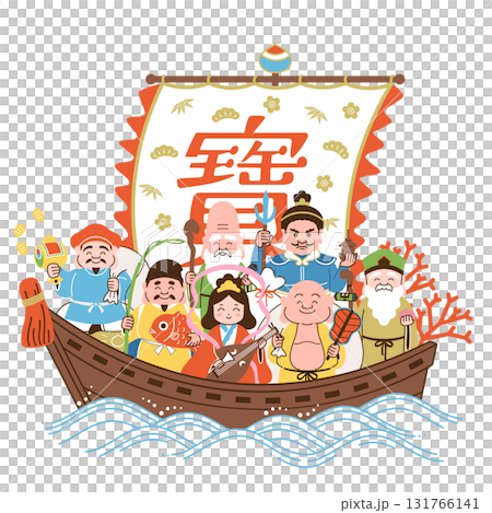 かわいい七福神と宝船のカラフルなイラスト 131766141