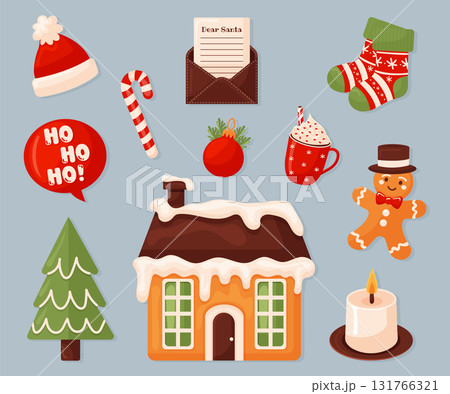Christmas elements set with gingerbread house pine tree and socks vector. 131766321