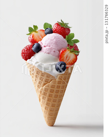 Delicious ice cream cone topped with fresh berries and mint leaves served Delicious ice cream cone topped with fresh berries and mint leaves served 131766329