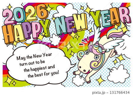 2026年賀状テンプレート「POPデザイン」ハッピーニューイヤー　英語添え書き付パターン 131766434