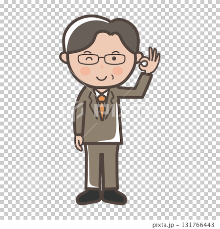 Full-body illustration of a middle-aged male businessman wearing glasses giving an OK sign 131766443