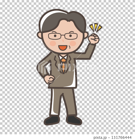 ガッツポーズでやる気満々の眼鏡をかけた中高年男性ビジネスマンの全身イラスト 131766444