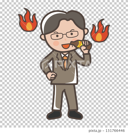 A full-body illustration of a middle-aged male businessman drinking a nutritional drink to get motivated 131766446