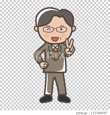一位戴著眼鏡的中年男性商人微笑著做出和平手勢的全身插圖 131766447