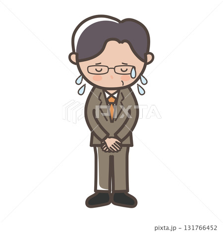 大汗をかいて謝罪する眼鏡をかけた中高年男性ビジネスマンの全身イラスト 131766452