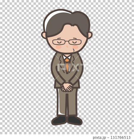 Full-body illustration of a middle-aged male businessman wearing glasses bowing and apologizing 131766513