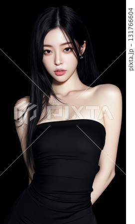 Striking Korean woman poses elegantly in a simple black outfit against a dark background, showcasing grace and confidence 131766604