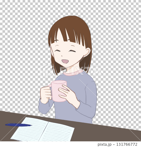 マグカップを持って勉強を休憩する女の子 131766772