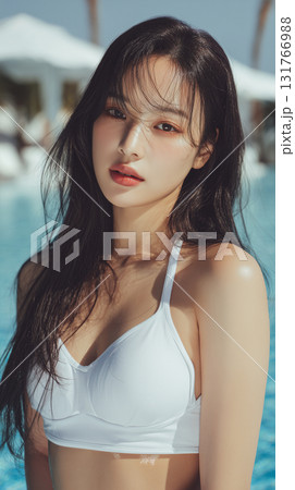 Young Asian woman posing by a swimming pool in bright sunlight with a serene expression in a modern resort setting Young Asian woman posing by a swimming pool in bright sunlight with a serene expression in a modern resort setting 131766988