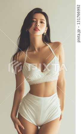 Woman in white swimsuit poses gracefully in a minimalistic studio setting during daylight hours Woman in white swimsuit poses gracefully in a minimalistic studio setting during daylight hours 131766992