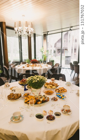 A sophisticated venue prepared for a corporate event, business conference, or formal gala. A sophisticated venue prepared for a corporate event, business conference, or formal gala. 131767032