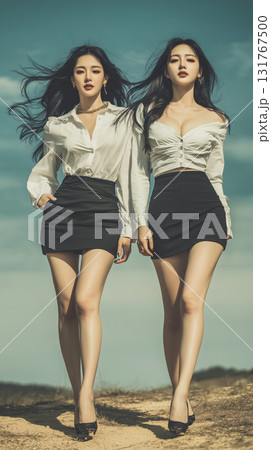 Two women walking confidently in nature wearing stylish outfits with a clear blue sky in the background Two women walking confidently in nature wearing stylish outfits with a clear blue sky in the background 131767500