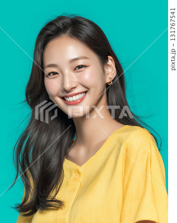 Beautiful young Korean woman smiling confidently with long black hair in front of a bright turquoise background Beautiful young Korean woman smiling confidently with long black hair in front of a bright turquoise background 131767541