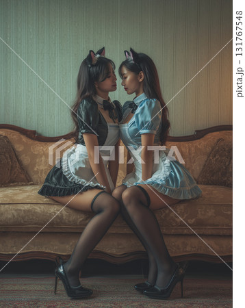 Two women dressed in stylish cat-themed costumes seated closely on a vintage couch in a cozy indoor setting 131767548