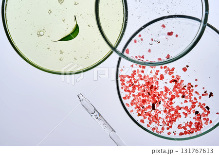 Textures of skin care products in petri dishes. Textures of skin care products in petri dishes. 131767613