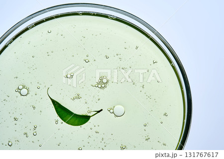 Cosmetic gel in a petri dish with a leaf. Cosmetic gel in a petri dish with a leaf. 131767617