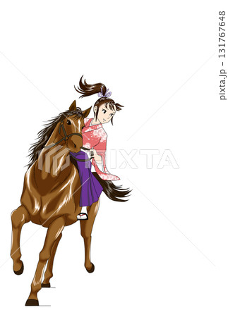 年賀状素材 馬を走らせる袴姿の少女 年賀状素材 馬を走らせる袴姿の少女 131767648
