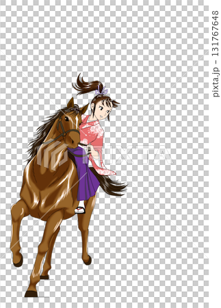 New Year's card material: A girl in a hakama riding a horse New Year's card material: A girl in a hakama riding a horse 131767648