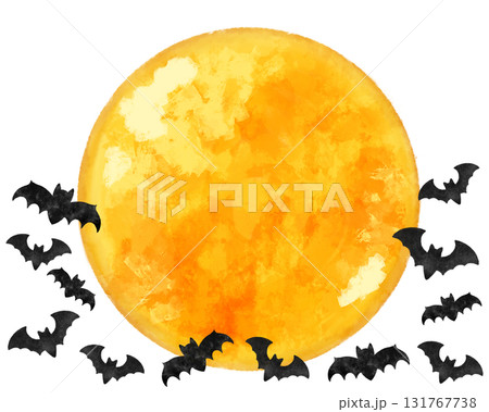 幻想的な満月とコウモリの水彩風フレーム素材|ハロウィンカード・ポスター・秋の夜の背景デザイン 幻想的な満月とコウモリの水彩風フレーム素材|ハロウィンカード・ポスター・秋の夜の背景デザイン 131767738