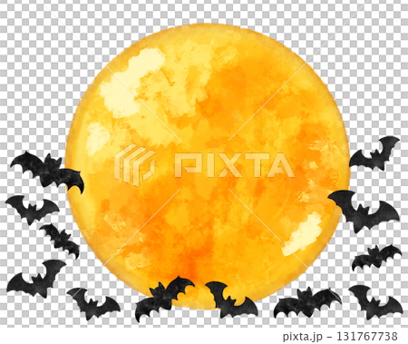 幻想的な満月とコウモリの水彩風フレーム素材|ハロウィンカード・ポスター・秋の夜の背景デザイン 幻想的な満月とコウモリの水彩風フレーム素材|ハロウィンカード・ポスター・秋の夜の背景デザイン 131767738