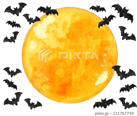 幻想的な満月とコウモリの水彩風フレーム素材|ハロウィンカード・ポスター・秋の夜の背景デザイン 幻想的な満月とコウモリの水彩風フレーム素材|ハロウィンカード・ポスター・秋の夜の背景デザイン 131767739